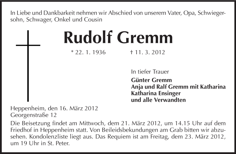  Traueranzeige für Rudolf Gremm vom 16.03.2012 aus Starkenburger Echo