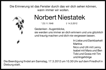 Traueranzeige von Norbert Niestatek von Echo-Zeitungen (Gesamtausgabe)
