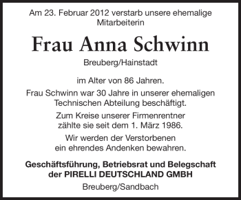 Traueranzeige von Anna Schwinn von Odenwälder Echo