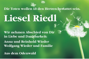 Traueranzeige von Liesel Riedl von Odenwälder Echo