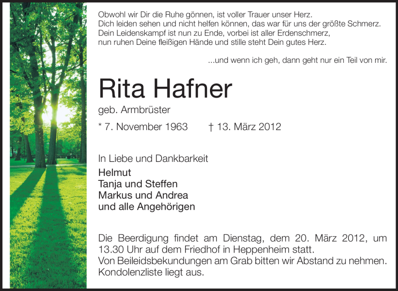  Traueranzeige für Rita Hafner vom 16.03.2012 aus Starkenburger Echo