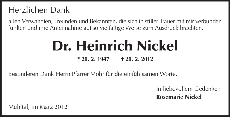  Traueranzeige für Heinrich Nickel vom 17.03.2012 aus Echo-Zeitungen (Gesamtausgabe)