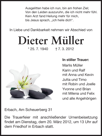 Traueranzeige von Dieter Müller von Odenwälder Echo