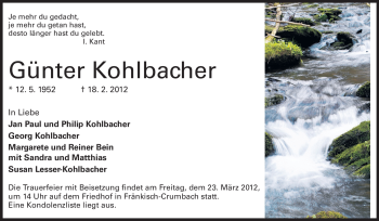 Traueranzeige von Günter Kohlbacher von Odenwälder Echo
