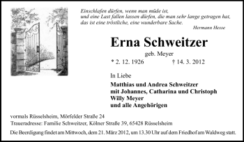 Traueranzeige von Erna Schweitzer von Rüsselsheimer Echo, Groß-Gerauer-Echo, Ried Echo