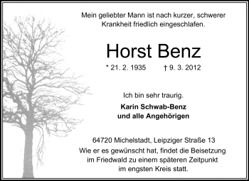 Traueranzeige von Horst Benz von Odenwälder Echo