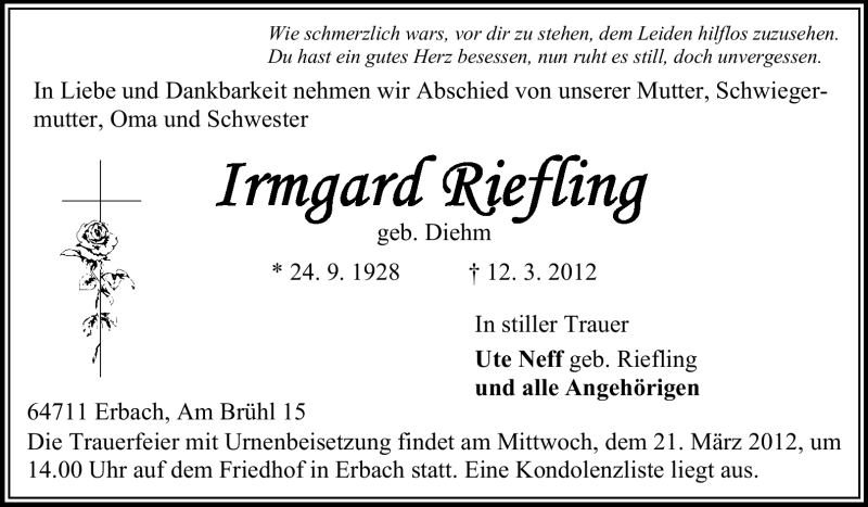  Traueranzeige für Irmgard Riefling vom 17.03.2012 aus Odenwälder Echo