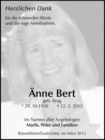 Traueranzeige von Änne Bert von Rüsselsheimer Echo, Groß-Gerauer-Echo, Ried Echo