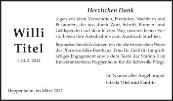 Traueranzeige von Willi Titel von Starkenburger Echo