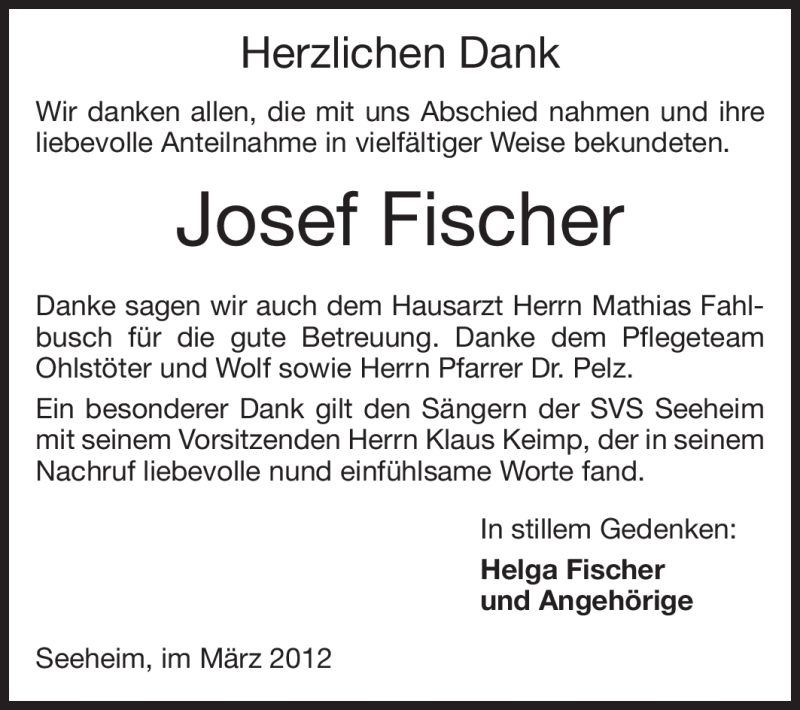  Traueranzeige für Josef Fischer vom 17.03.2012 aus Echo-Zeitungen (Gesamtausgabe)