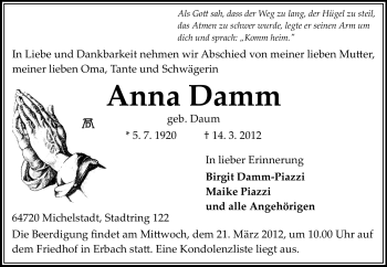 Traueranzeige von Anna Damm von Odenwälder Echo