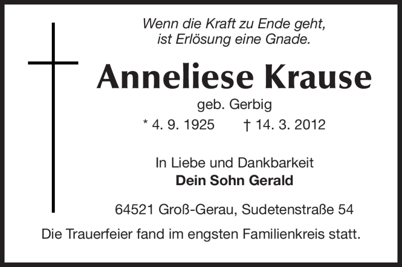  Traueranzeige für Anneliese Krause vom 27.03.2012 aus Rüsselsheimer Echo, Groß-Gerauer-Echo, Ried Echo