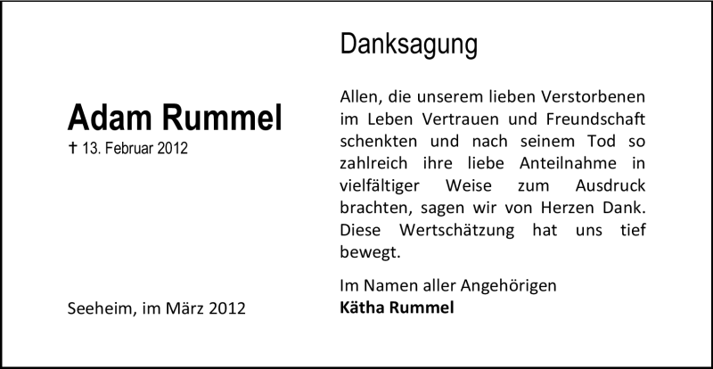  Traueranzeige für Adam Rummel vom 19.03.2012 aus Echo-Zeitungen (Gesamtausgabe)