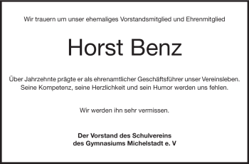 Traueranzeige von Horst Benz von Odenwälder Echo