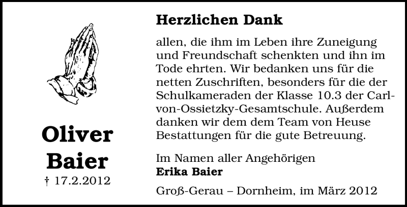  Traueranzeige für Oliver Baier vom 17.03.2012 aus Rüsselsheimer Echo, Groß-Gerauer-Echo, Ried Echo