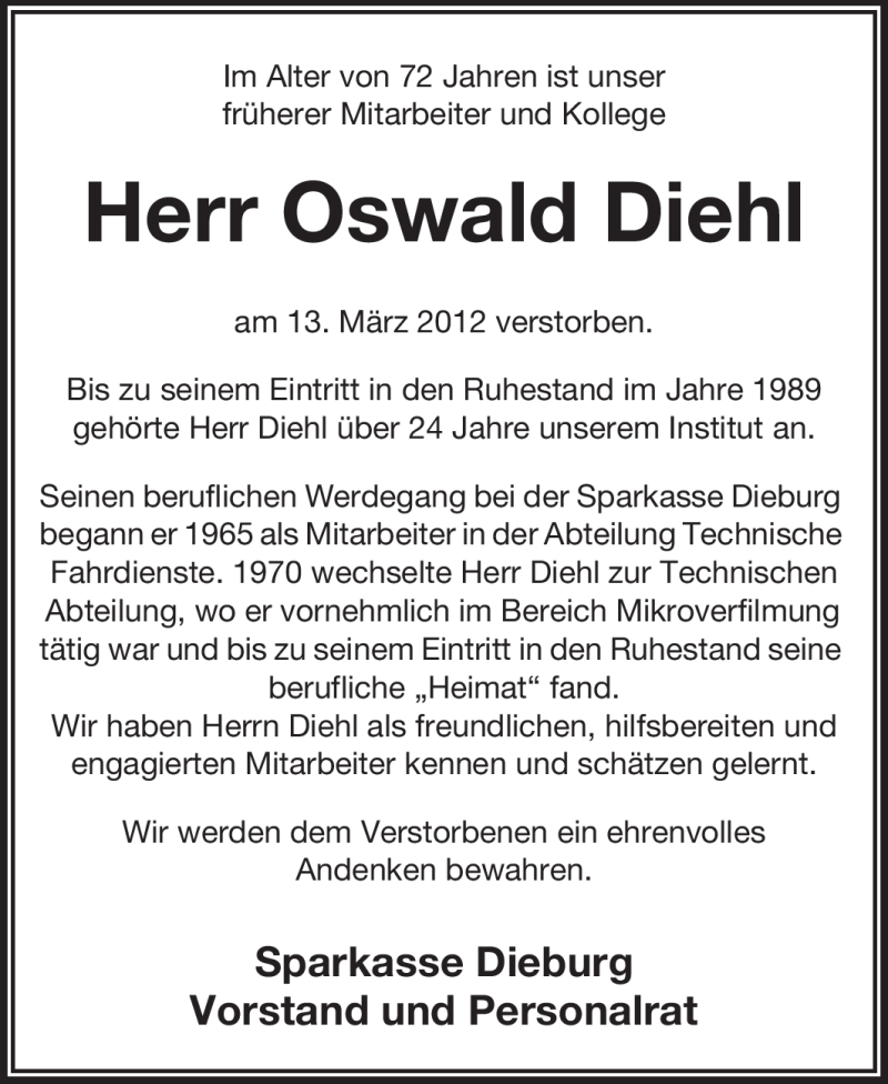  Traueranzeige für Oswald Diehl vom 17.03.2012 aus Echo-Zeitungen (Gesamtausgabe)