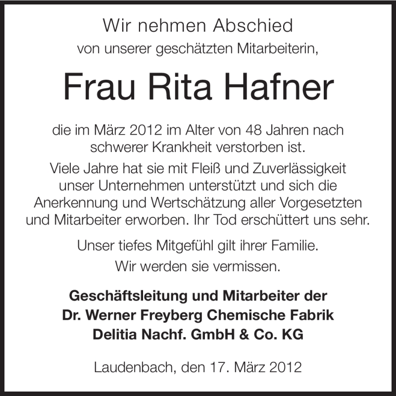  Traueranzeige für Rita Hafner vom 17.03.2012 aus Starkenburger Echo
