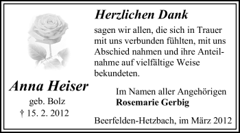 Traueranzeige von Anna Heiser von Odenwälder Echo