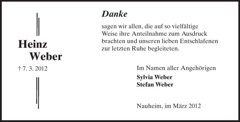  Traueranzeige für Heinz Weber vom 24.03.2012 aus Rüsselsheimer Echo, Groß-Gerauer-Echo, Ried Echo