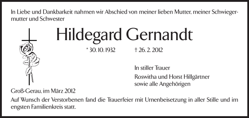  Traueranzeige für Hildegard Gernandt vom 26.03.2012 aus Rüsselsheimer Echo, Groß-Gerauer-Echo, Ried Echo
