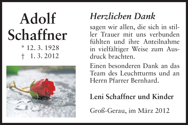  Traueranzeige für Adolf Schaffner vom 19.03.2012 aus Rüsselsheimer Echo, Groß-Gerauer-Echo, Ried Echo
