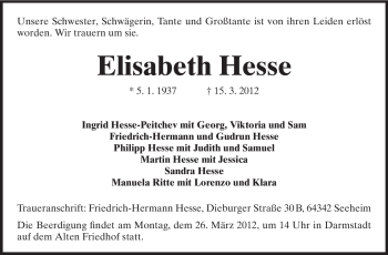Traueranzeige von Elisabeth Hesse von Darmstädter Echo, Odenwälder Echo, Rüsselsheimer Echo, Groß-Gerauer-Echo, Ried Echo