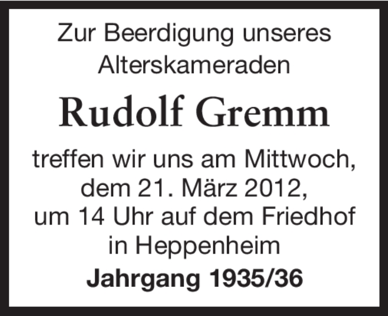  Traueranzeige für Rudolf Gremm vom 19.03.2012 aus Starkenburger Echo