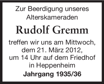 Traueranzeige von Rudolf Gremm von Starkenburger Echo