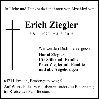 Traueranzeige von Erich Ziegler von Odenwälder Echo