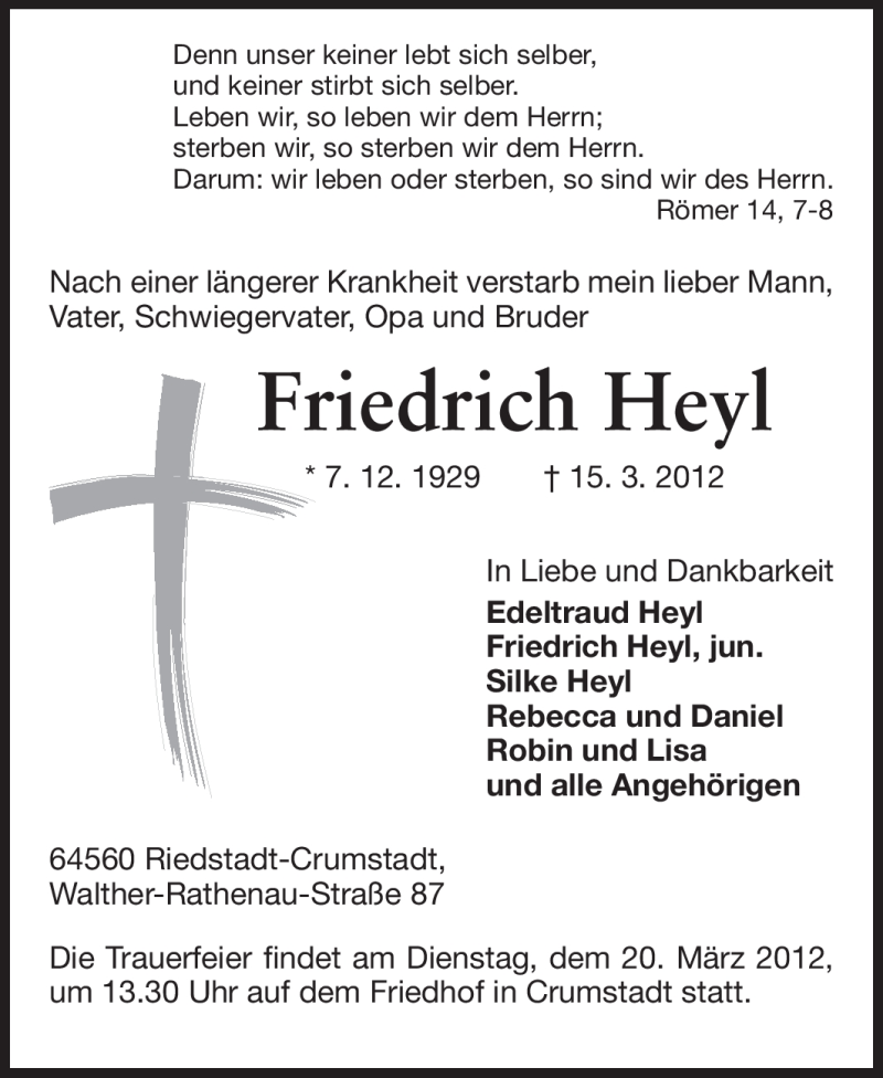  Traueranzeige für Friedrich Heyl vom 19.03.2012 aus Rüsselsheimer Echo, Groß-Gerauer-Echo, Ried Echo