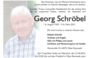 Traueranzeige von Georg Schröbel von Darmstädter Echo, Odenwälder Echo, Rüsselsheimer Echo, Groß-Gerauer-Echo, Ried Echo