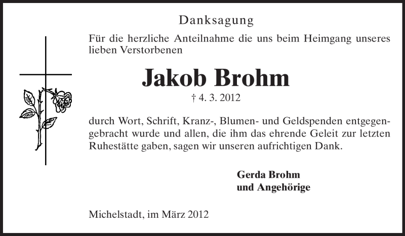  Traueranzeige für Jakob Brohm vom 24.03.2012 aus Odenwälder Echo