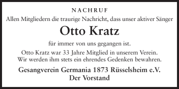 Traueranzeige von Otto Kratz von Rüsselsheimer Echo, Groß-Gerauer-Echo, Ried Echo