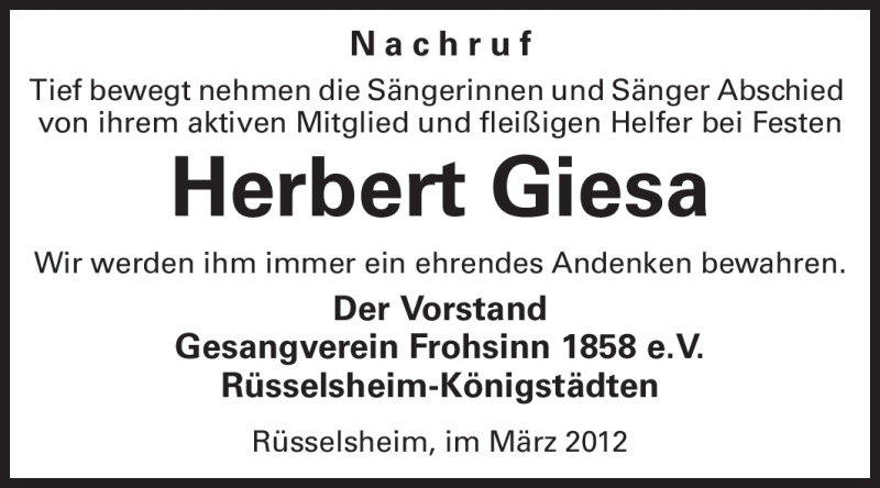  Traueranzeige für Herbert Giesa vom 20.03.2012 aus Rüsselsheimer Echo, Groß-Gerauer-Echo, Ried Echo