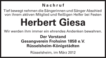Traueranzeige von Herbert Giesa von Rüsselsheimer Echo, Groß-Gerauer-Echo, Ried Echo
