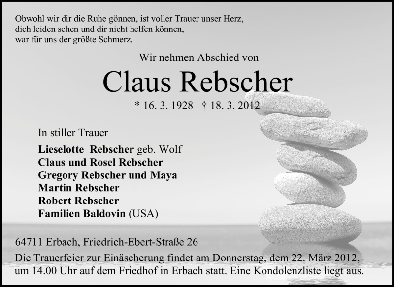  Traueranzeige für Claus Rebscher vom 20.03.2012 aus Odenwälder Echo