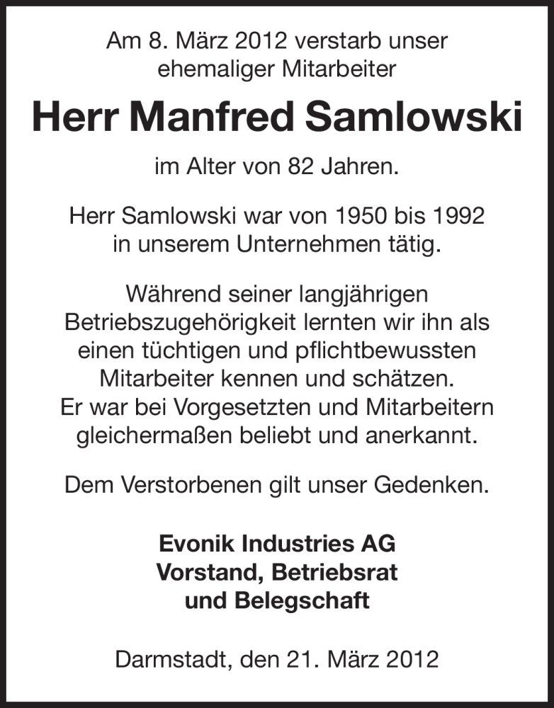 Traueranzeige für Manfred Samiowski vom 21.03.2012 aus Echo-Zeitungen (Gesamtausgabe)