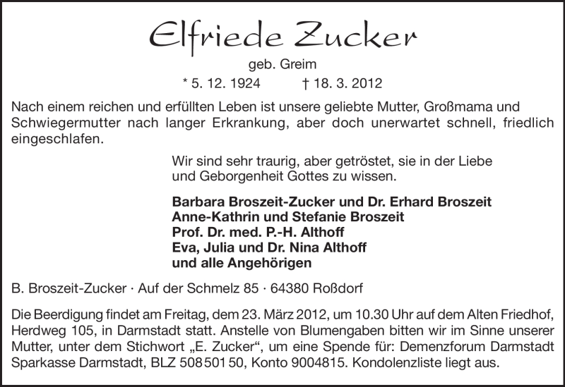  Traueranzeige für Elfriede Zucker vom 21.03.2012 aus Echo-Zeitungen (Gesamtausgabe)