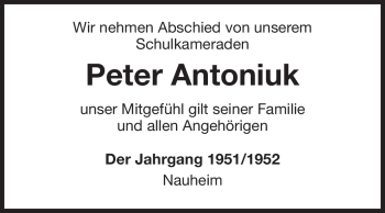 Traueranzeige von Peter Friedrich Antoniuk von Rüsselsheimer Echo, Groß-Gerauer-Echo, Ried Echo