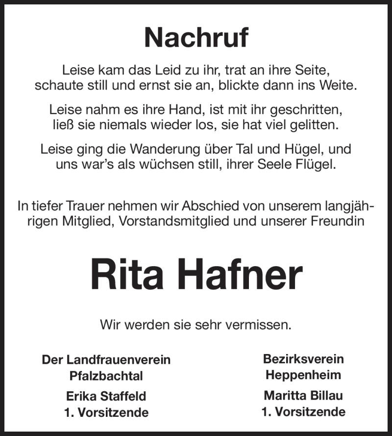 Traueranzeige für Rita Hafner vom 20.03.2012 aus Starkenburger Echo