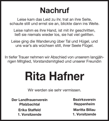 Traueranzeige von Rita Hafner von Starkenburger Echo