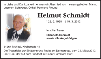 Traueranzeige von Helmut Schmidt von Echo-Zeitungen (Gesamtausgabe)