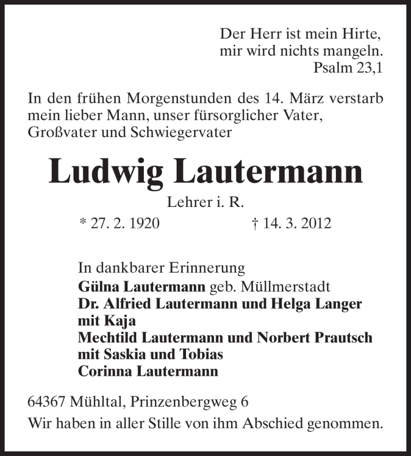  Traueranzeige für Ludwig Lautermann vom 24.03.2012 aus Echo-Zeitungen (Gesamtausgabe)
