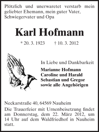 Traueranzeige von Karl Hofmann von Rüsselsheimer Echo, Groß-Gerauer-Echo, Ried Echo