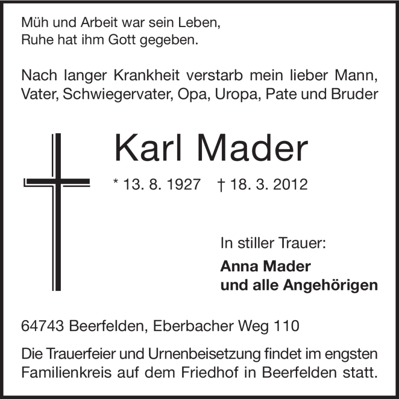  Traueranzeige für Karl Mader vom 22.03.2012 aus Odenwälder Echo