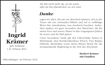 Traueranzeige von Ingrid Krämer von Odenwälder Echo