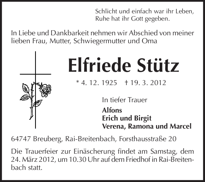  Traueranzeige für Elfriede Stütz vom 22.03.2012 aus Odenwälder Echo
