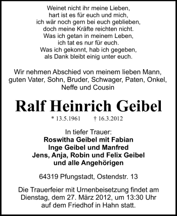 Traueranzeige von Ralf Heinrich Geibel von Echo-Zeitungen (Gesamtausgabe)