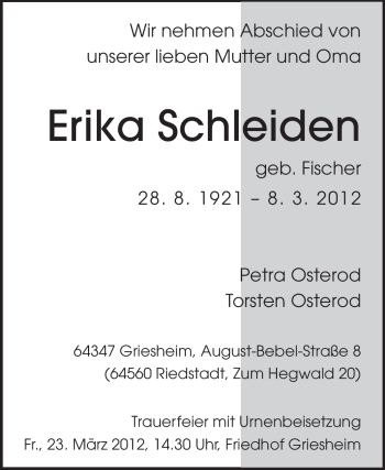 Traueranzeige von Erika Schleiden von Echo-Zeitungen (Gesamtausgabe)