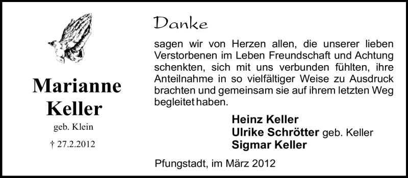  Traueranzeige für Marianne Keller vom 24.03.2012 aus Echo-Zeitungen (Gesamtausgabe)